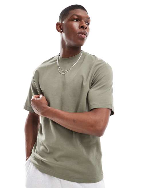 Selected oversized heavy weight t-shirt in khaki green, 3 of 4