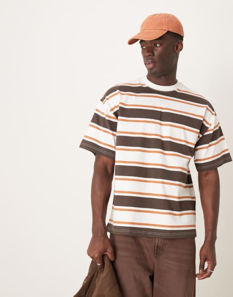 Selected oversized heavyweight t-shirt in cream tan brown stripe - view 1