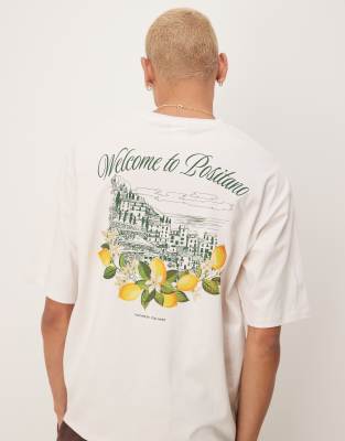 Selected Selected oversized heavyweight t-shirt with positano lemons backprint in cream-White