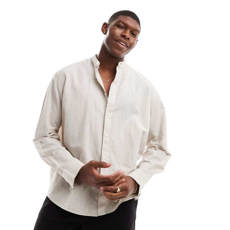 Selected oversized linen mix band collar shirt in beige | ASOS