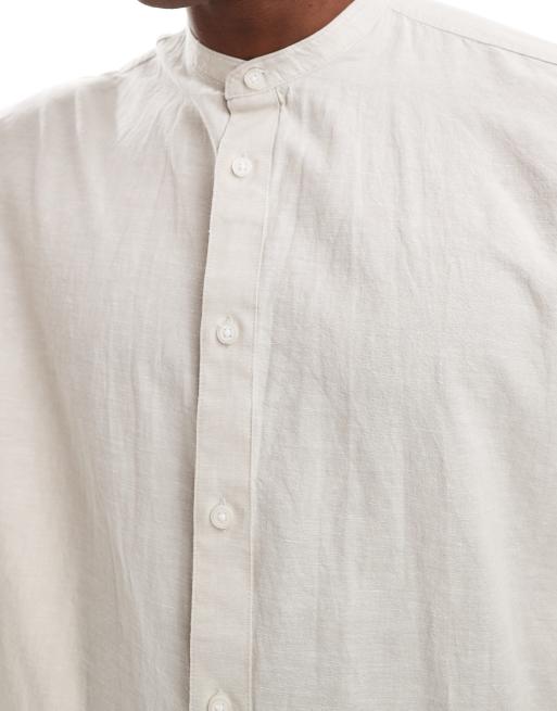 Selected oversized linen mix grandad collar shirt in beige ASOS