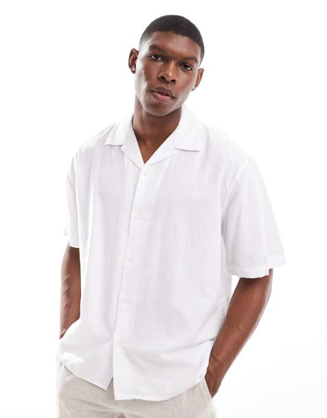 Selected oversized linen mix revere collar shirt in white 