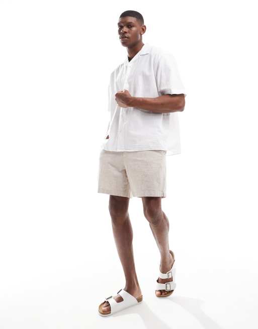 Selected oversized linen mix revere collar shirt in white , 2 of 4