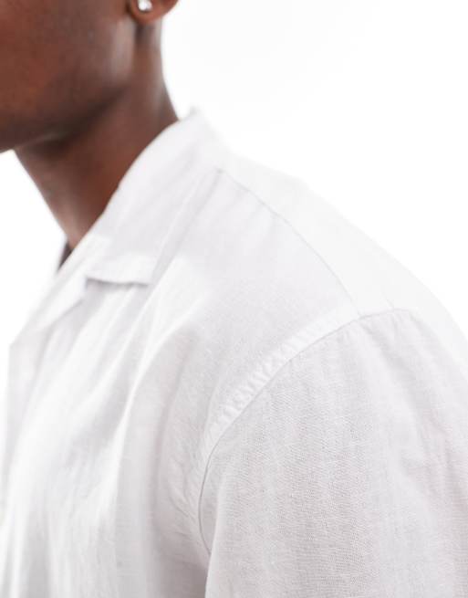 Selected oversized linen mix revere collar shirt in white , 3 of 4