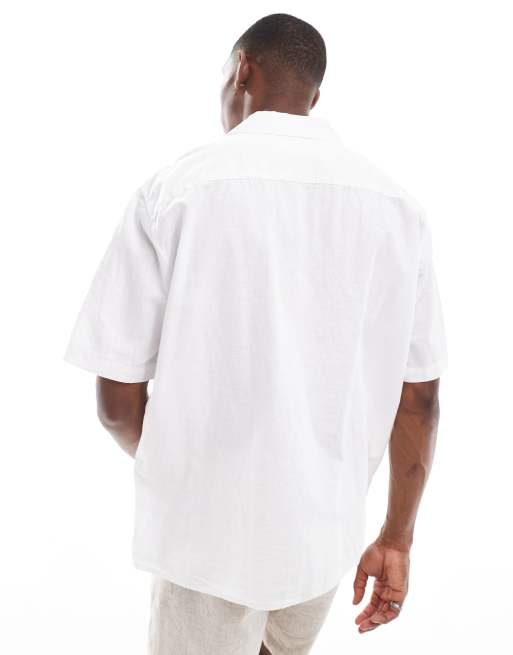 Selected oversized linen mix revere collar shirt in white , 4 of 4