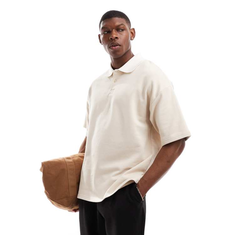 Selected oversized rugby polo shirt in cream with white collar | ASOS