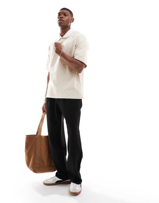 Selected oversized rugby polo shirt in cream with white collar | ASOS