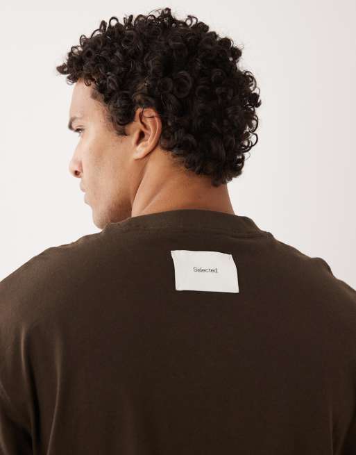Selected - Oversized T-shirt van 220 gsm zware stof in bruin, 3 van 5