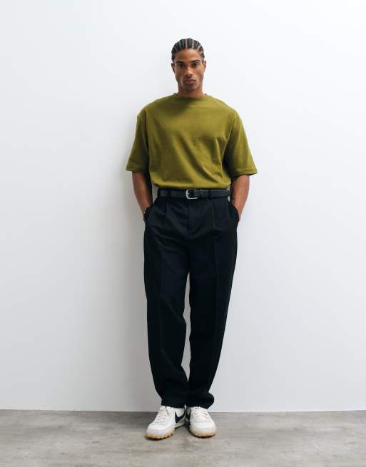 Selected oversized T-shirt van zware stof in olijfgroen, 4 van 5