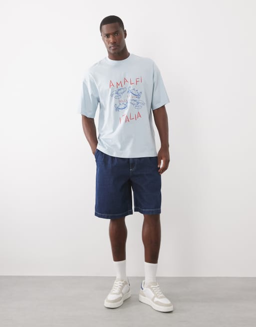 Selected oversized t-shirt with Amalfi print in blue, 4 of 5