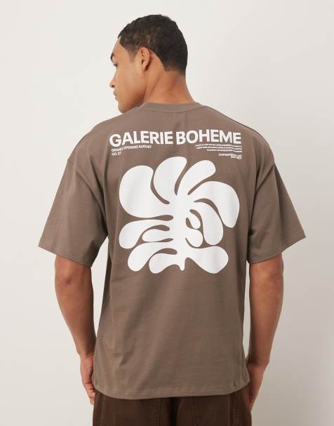 Selected oversized T-shirt with art exhibition back print in brown - view 1