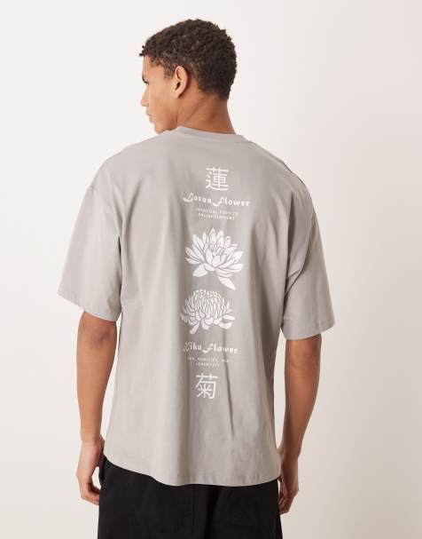 Selected oversized t-shirt with Asian flower print in grey