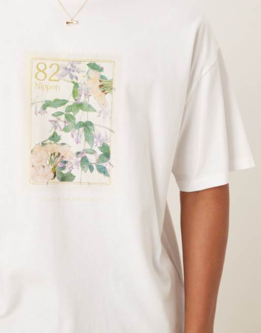 Selected oversized T-shirt with front floral print in white , 5 of 5