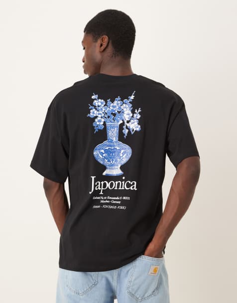 Selected oversized T-shirt with Japanese vase back print in black - view 1