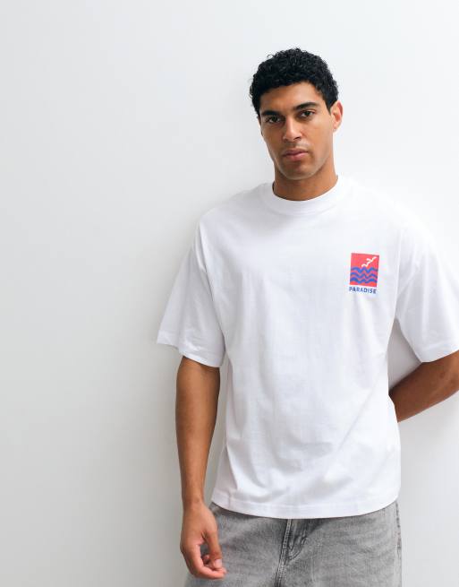 Selected oversized t-shirt with paradise back print in white, 3 of 5