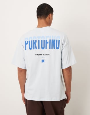 Selected oversized T-shirt with portofino back print in blue