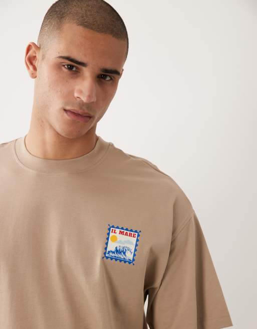 Selected oversized T-shirt with small stamp print in tan, 4 of 5