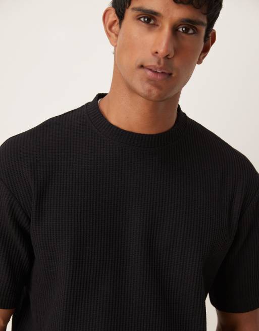 Selected oversized waffle t-shirt in black , 3 of 4