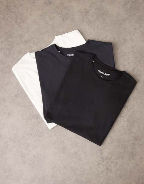 Selected - Pakke med 3 kraftige T-shirts i sort/hvid/marineblå med regular fit-pasform - view 1