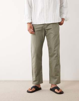 Selected - Pantalon droit en lin mélangé - Kaki-Vert