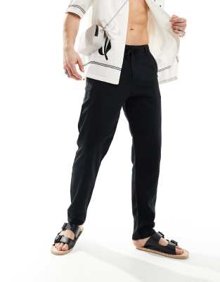 Selected - Pantalon fuselé ajusté en lin - Noir