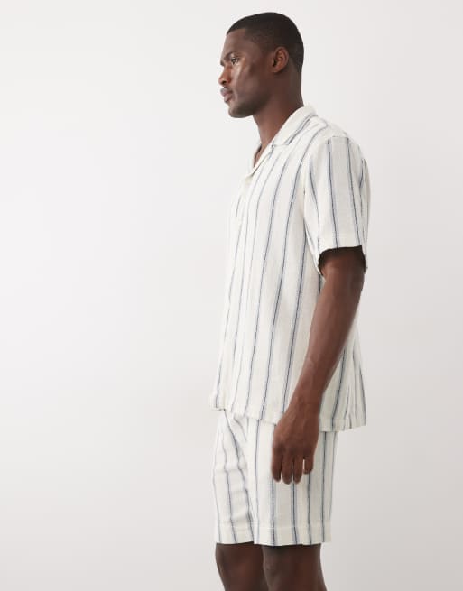 Selected - Pantaloncini testurizzati in 100% cotone blu a righe in coordinato, 3 di 5