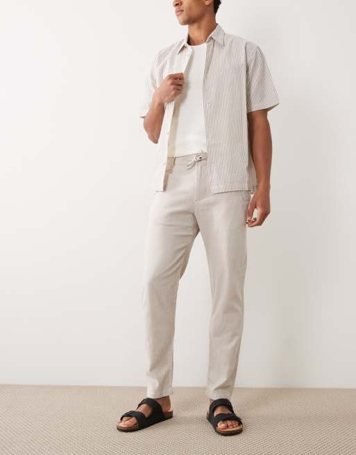Selected - Pantalones color crema con cordón ajustable de mezcla de lino