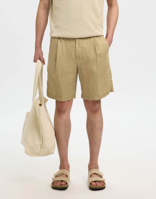 Selected - Pantalones cortos color tostado arena de lino