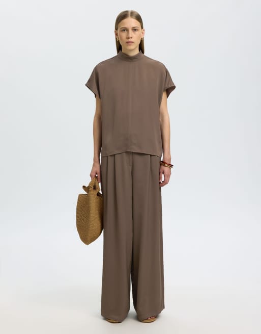 Selected - Pantaloni a fondo ampio color biscotto al cioccolato, 5 di 6