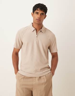 Selected plisse half zip polo in tan-Neutral