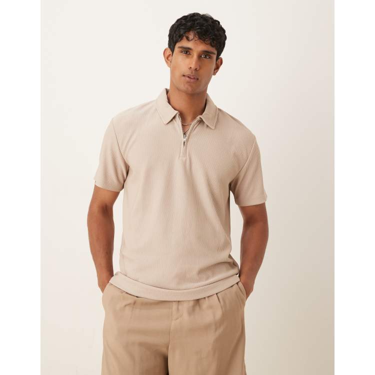 Selected plisse half zip polo in tan | ASOS