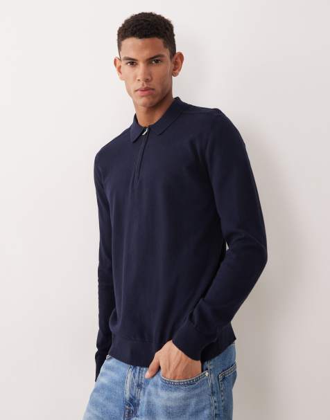 Selected - Polo a maniche lunghe 100% cotone blu navy con zip corta - view 1