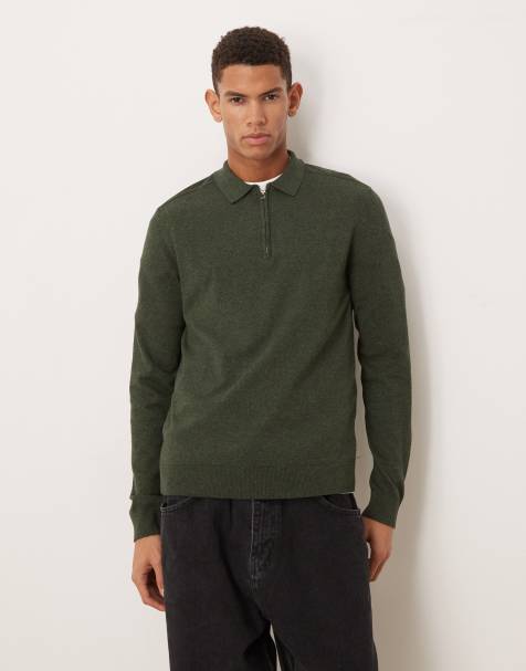 Selected - Polo a maniche lunghe in 100% cotone color verde scuro con zip corta - view 1