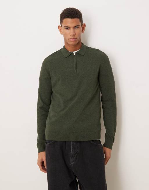 Selected - Polo a maniche lunghe in 100% cotone color verde scuro con zip corta