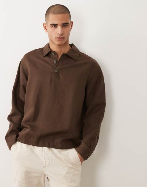 Selected - Polo a maniche lunghe in misto lino marrone - view 1