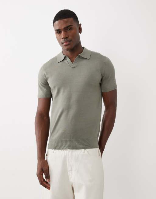 Selected - Polo in maglia verde salvia con intaglio sullo scollo