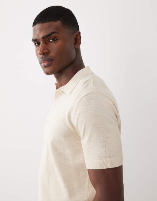 Selected - Polo in misto lino color crema con spacco sul collo, 5 di 5