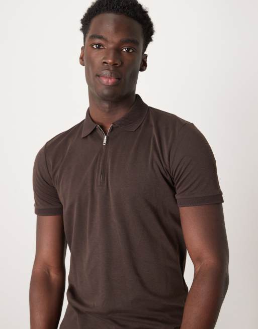 Selected polo shirt with half zip in brown | ASOS