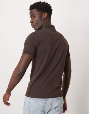 Selected polo shirt with half zip in brown | ASOS