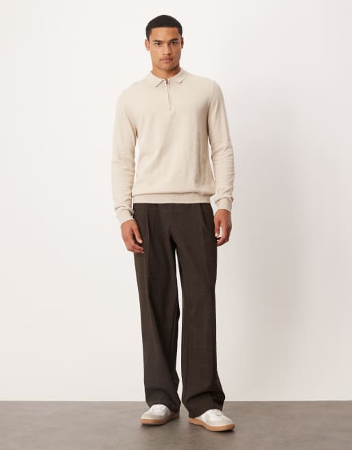 Selected - Polo van 100% katoen met lange mouwen en korte rits in crème, 2 van 5