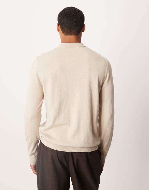 Selected - Polo van 100% katoen met lange mouwen en korte rits in crème, 3 van 5