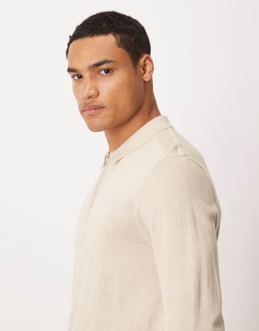 Selected - Polo van 100% katoen met lange mouwen en korte rits in crème, 4 van 5