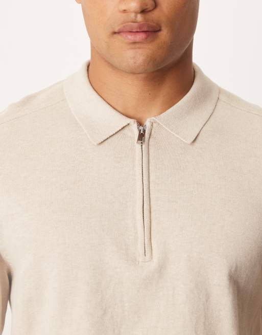 Selected - Polo van 100% katoen met lange mouwen en korte rits in crème, 5 van 5