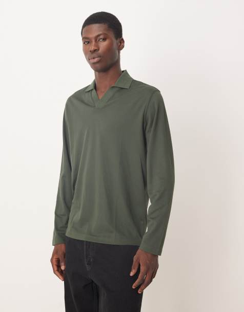 Selected polo with split neck in green  - view 1