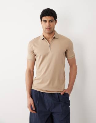 Polohemd in Beige mit kurzem Reißverschluss-Braun Braun L