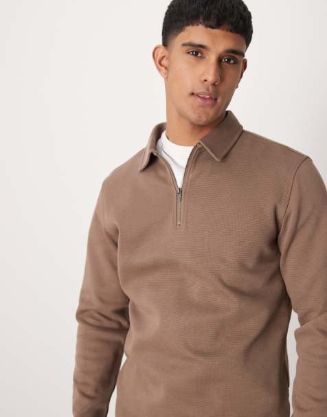 Selected - Poloshirt met korte rits en lange mouwen in lichtbruin - view 1