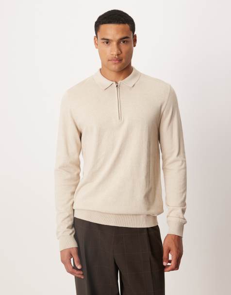 Selected - Poloshirt met lange mouwen en korte rits in crème - view 1