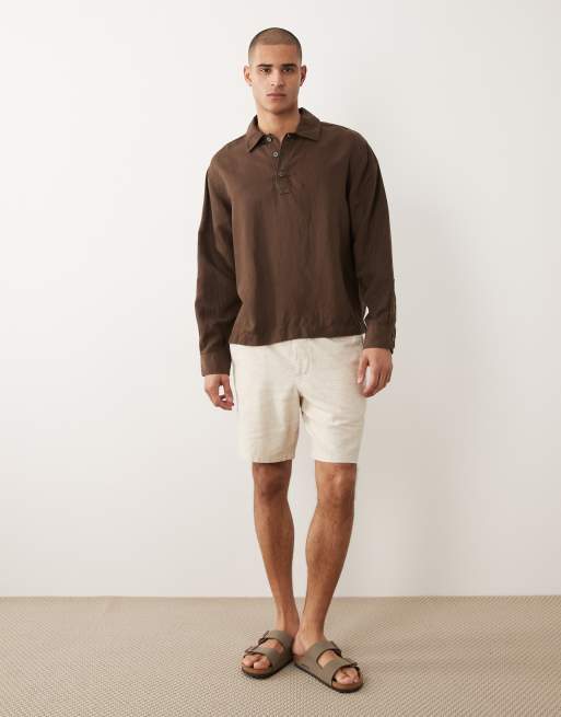 Selected - Poloshirt van linnenmix met lange mouwen in bruin, 2 van 5