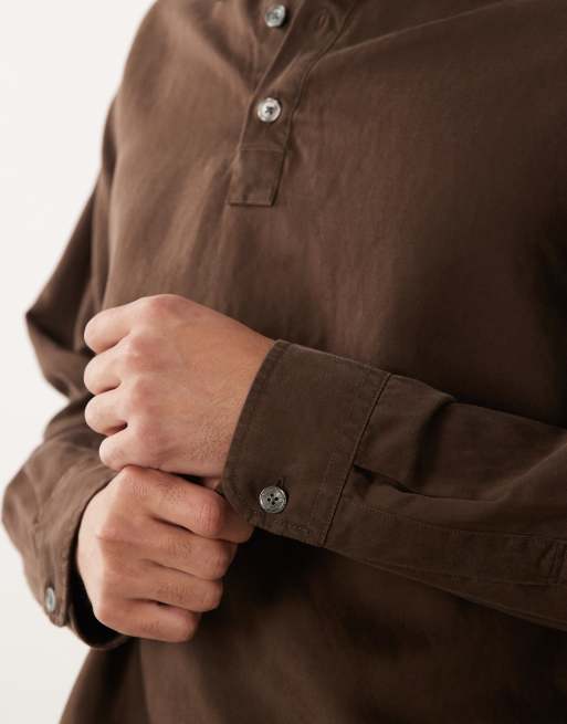 Selected - Poloshirt van linnenmix met lange mouwen in bruin, 3 van 5