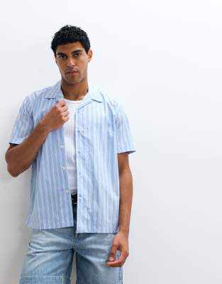 Selected Poplin Stripe Short Sleeve Shirt In Blue